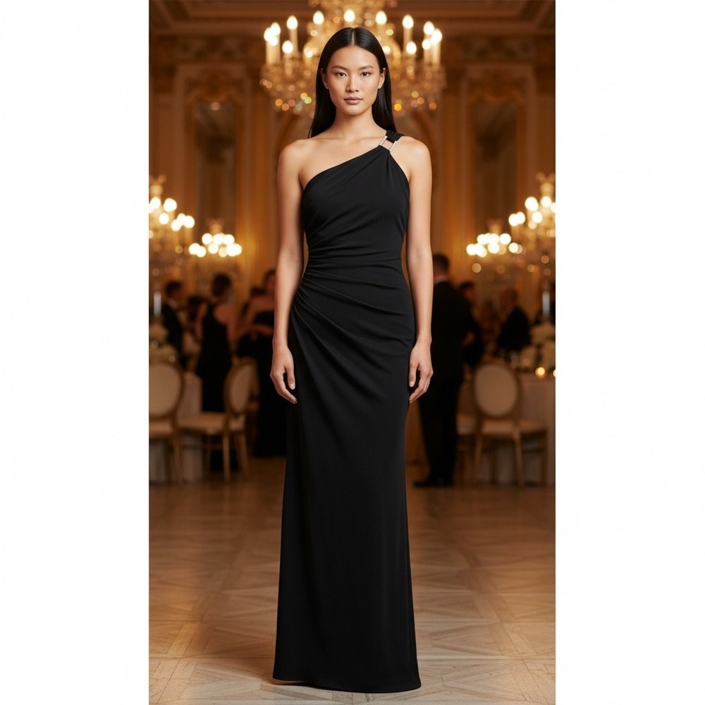 Night Way Collections Black‎ One Shoulder Ruched Gown Rhinestone Buckle Small